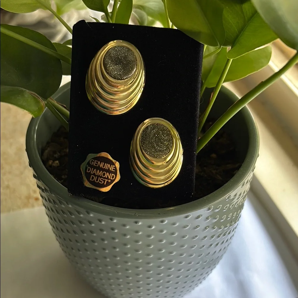 🟥Brand New Oval Stud Earrings With Diamond Dust, Gold Tone